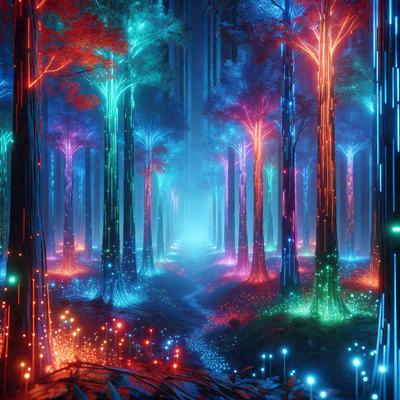 The primary subject of the image is a forest filled with colorful trees and a pathway. The setting is a lush, vibrant forest with a variety of trees, including some that are glowing in different colors. The visual style is a digital art or illustration, creating a surreal and magical atmosphere. The colors and mood are predominantly blue, green, and red, giving the scene a vivid and enchanting appearance.